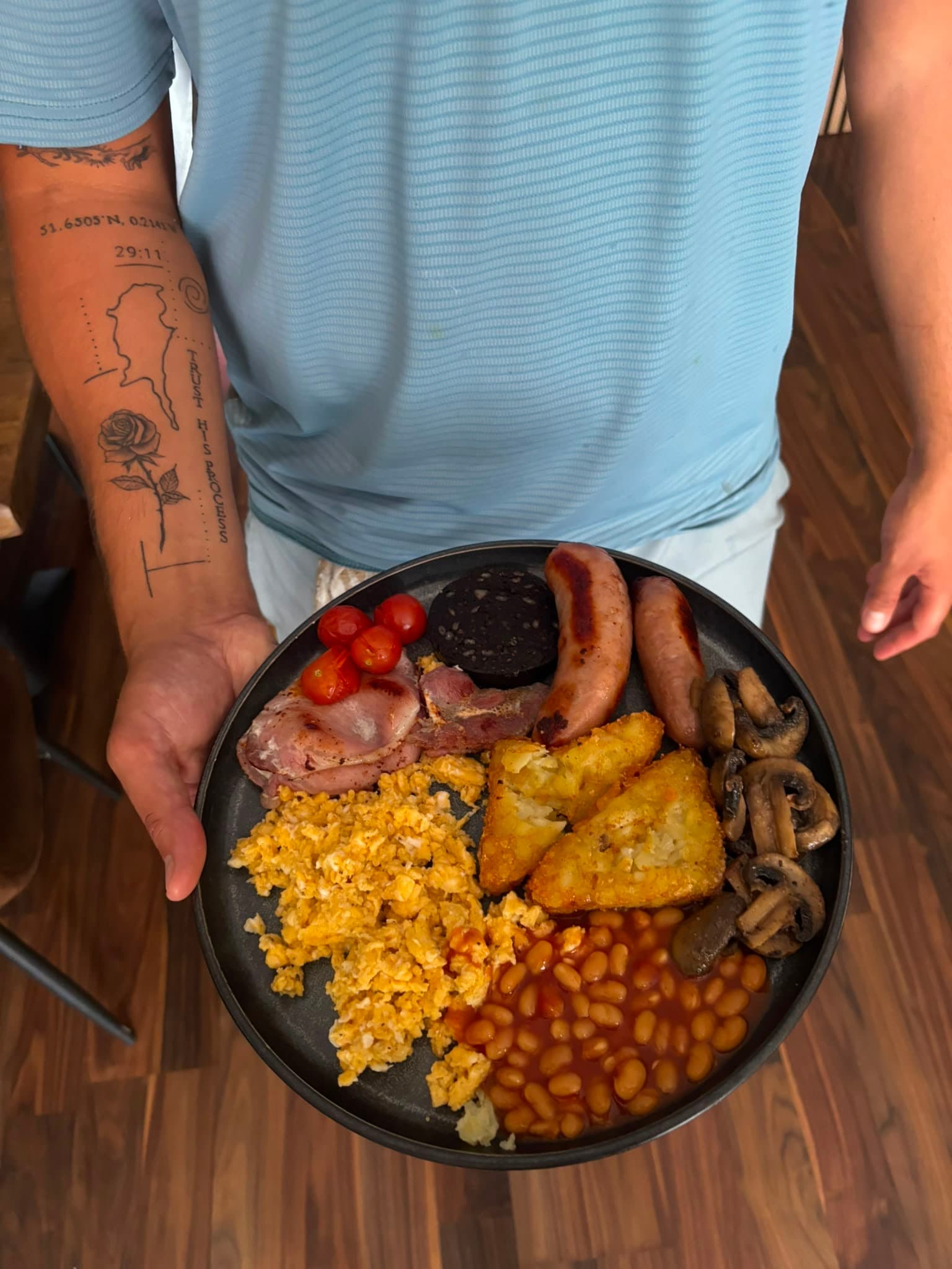 A Mega Breakfast held up for the camera