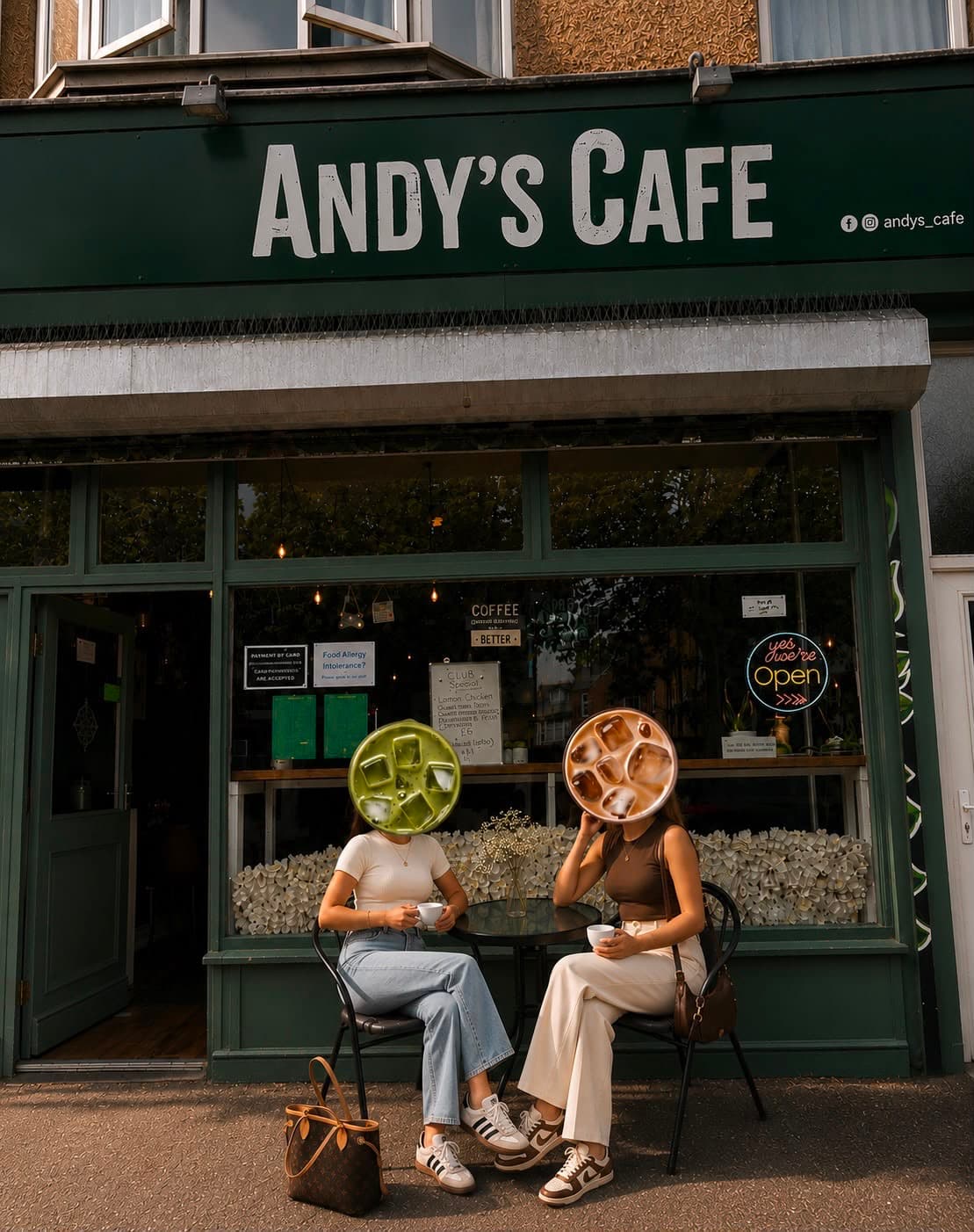 Andy's Cafe shopfront with iced drinks